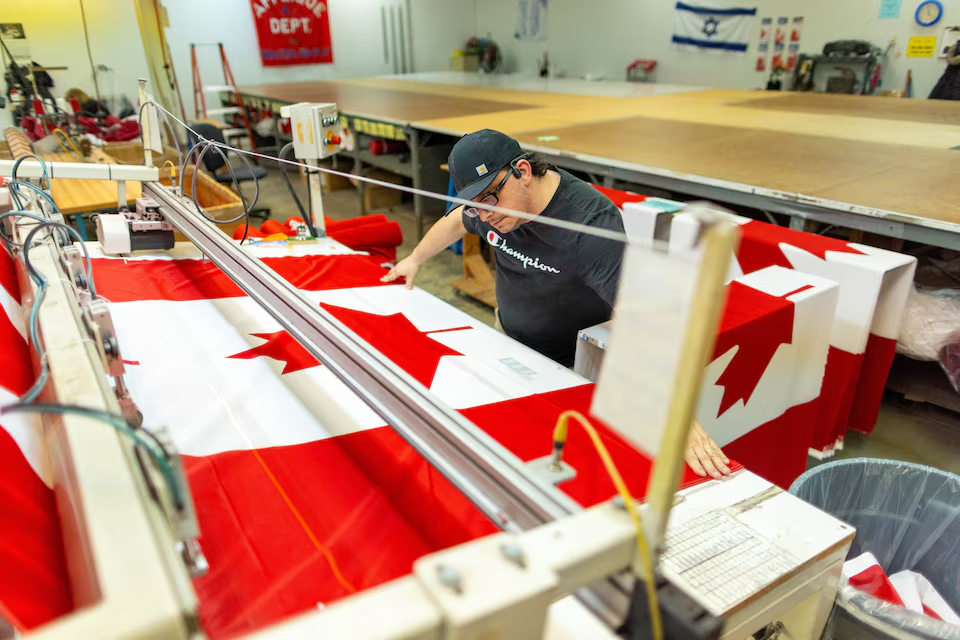 Canadian flags are manufactured in Barrie